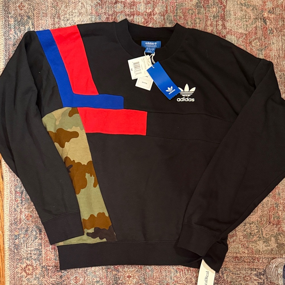 adidas Black Crewneck Sweatshirt with Red & Blue Panels and Camo Sleeve